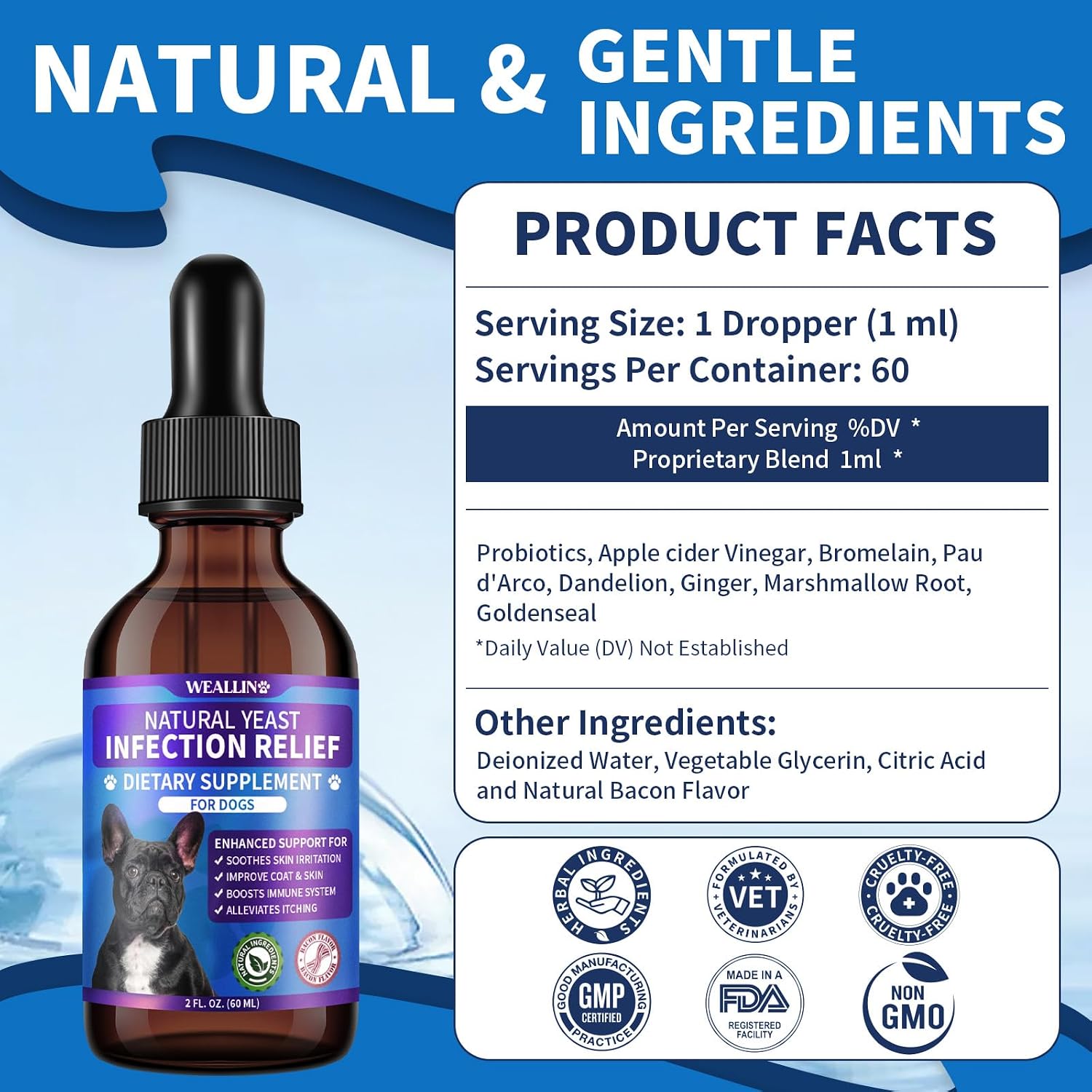 Tratamiento Natural contra Levaduras para Perros | Gotas con Probióticos y Mezcla de 8 Hierbas | Apoya Piel, Oídos y Alivio de Alergias | Sabor a Bacon