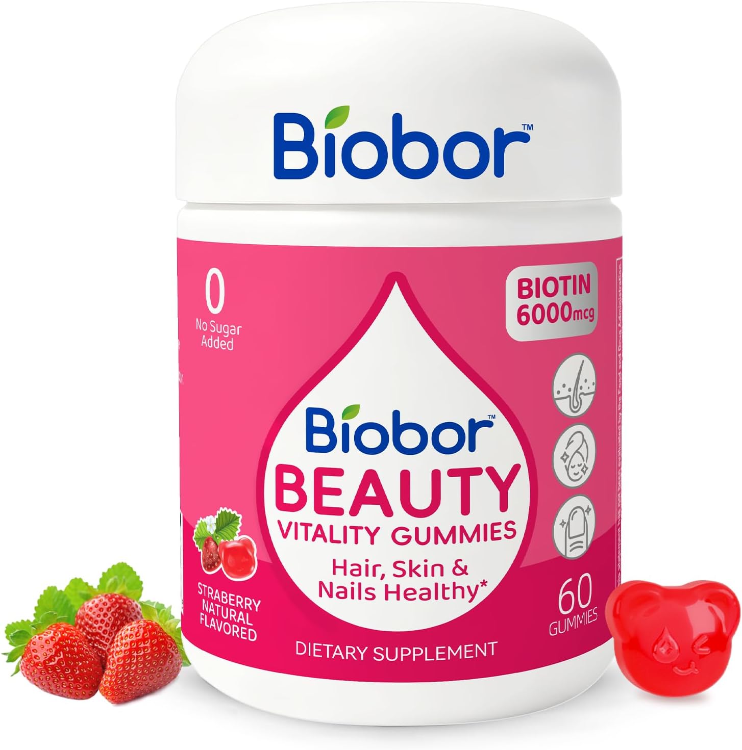 Biobor Natural Biotina 6000mcg Gominolas sin Azúcar, Cabello Piel y Uñas con Vitaminas A C E, 60 Gominolas Sabor Fresa