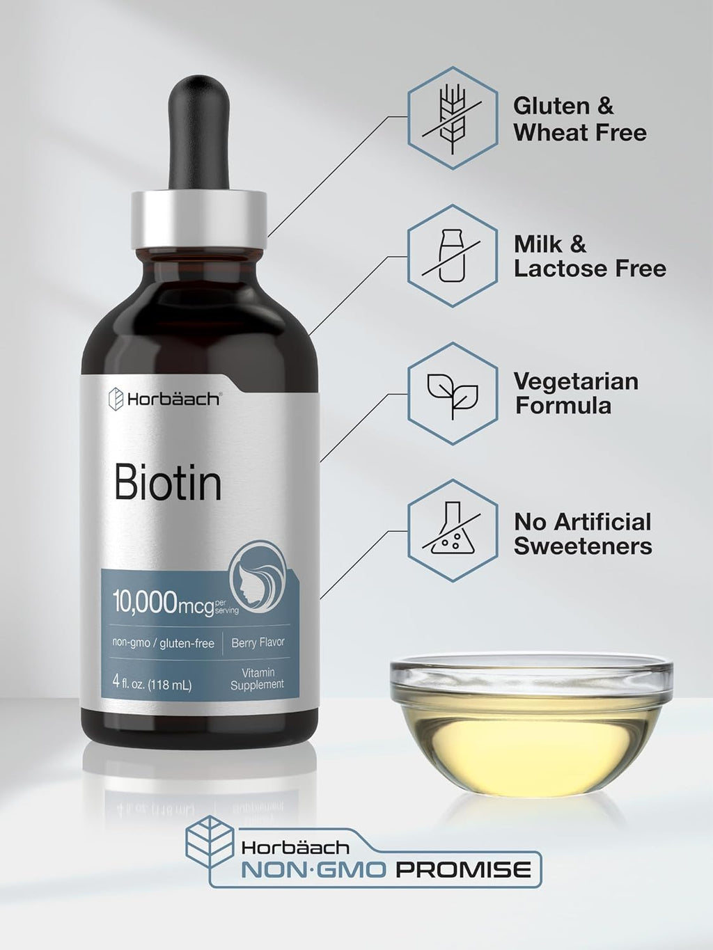 Horbäach Biotin Liquid Drops 10000mcg | 118 ml | Sabor Berry | Vegetariano, No-GMO y Sin Gluten