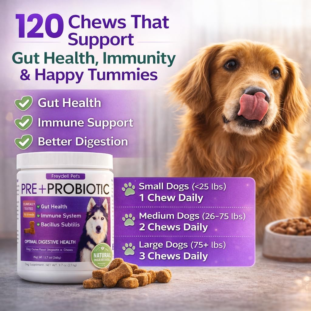 Freydell Pets Probióticos para Perros – Enzimas Digestivas, Prebióticos y Fibra – Salud Intestinal – 120 Chews