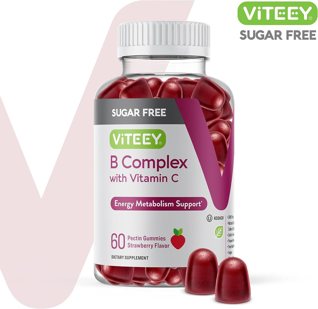 Viteey Vitamin B Complex Gummies with Vitamin C, Sugar Free Chewable Gummy - Energy, Metabolism & Nerve Health - B6, B12, Folic Acid, Biotin - Vegan, Gelatin Free, GMO Free - Strawberry Flavored