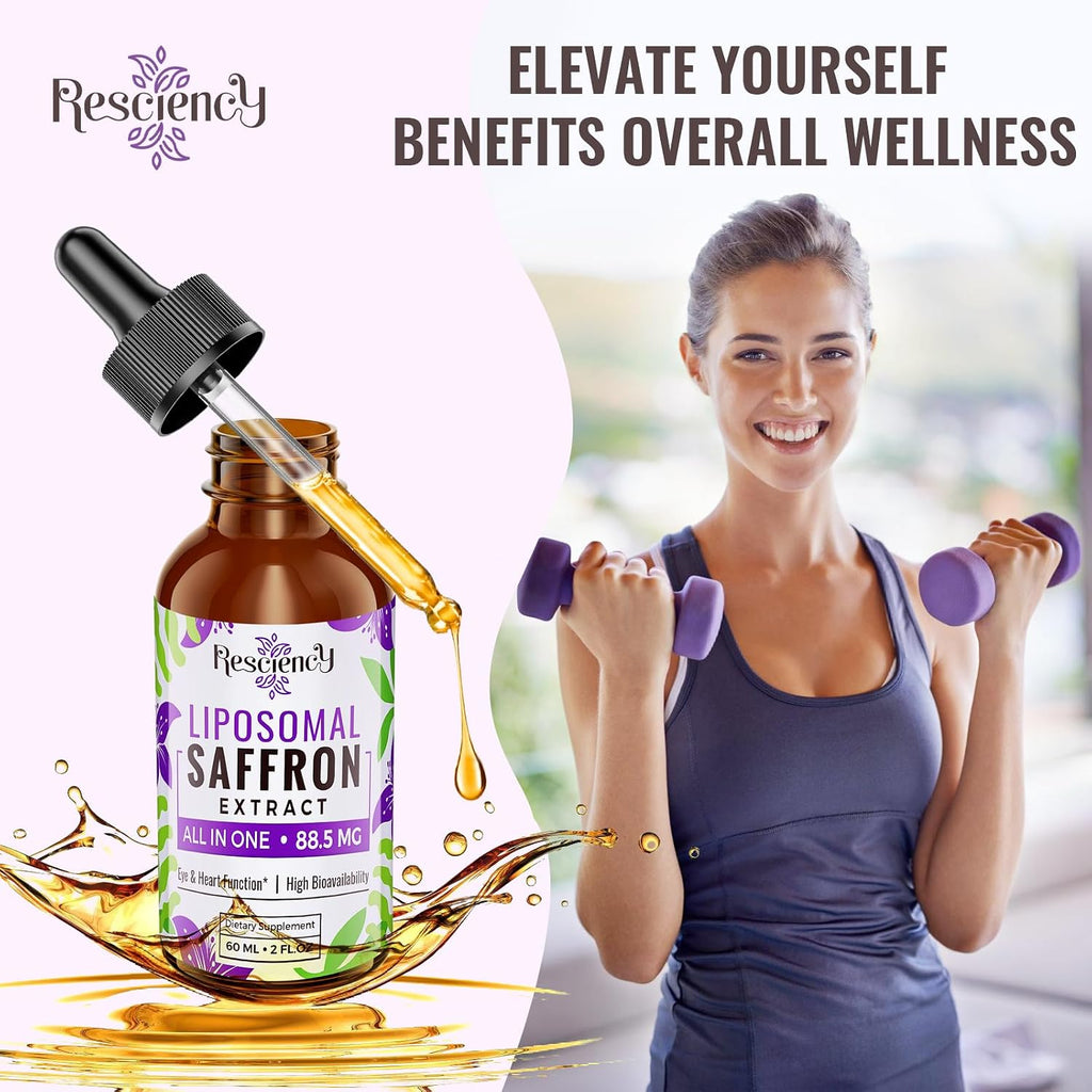 Resciency Gotas de Azafrán Liposomal 88.5mg – Extracto Líquido de Alta Biodisponibilidad con Ashwagandha, Magnesio, Zinc, Vitamina B12 y D3, 60 ml