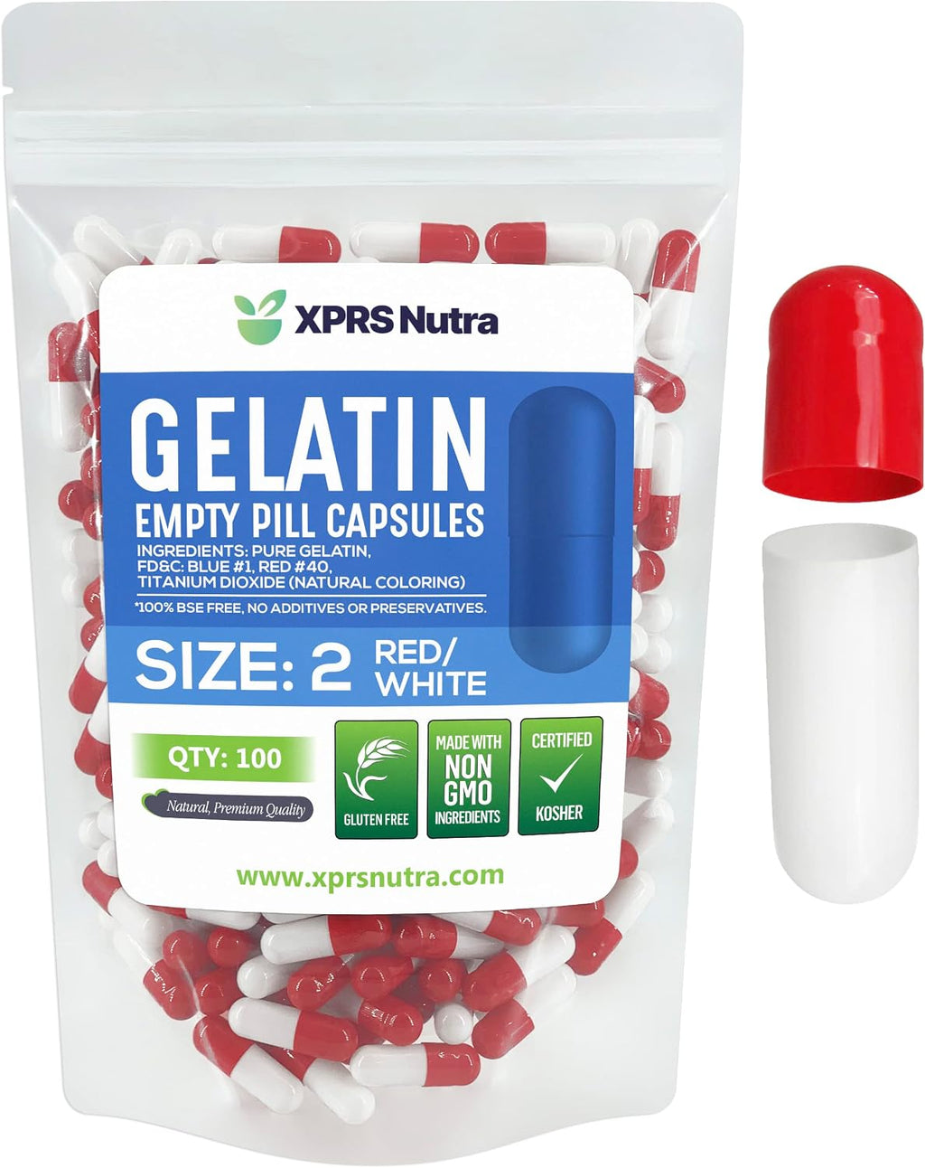 XPRS Nutra Cápsulas Vacías Tamaño 2 - Gelatina Pura de Bovino - 100 Cápsulas (Rojo/Blanco)