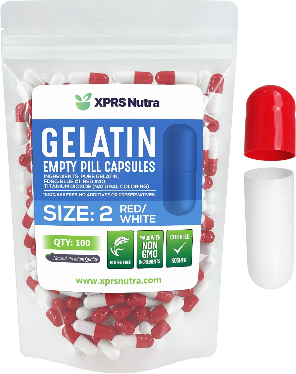 XPRS Nutra Cápsulas Vacías Tamaño 2 - Gelatina Pura de Bovino - 100 Cápsulas (Rojo/Blanco)