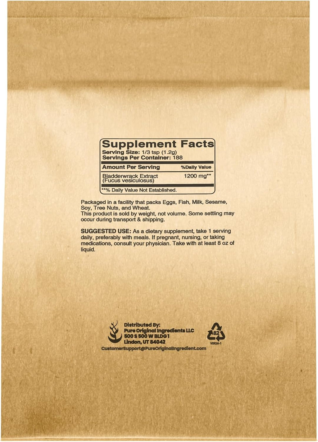 PURE ORIGINAL INGREDIENTS Bladderwrack en Polvo - Fucus Vesiculosus - Suplemento Herbal (227g)