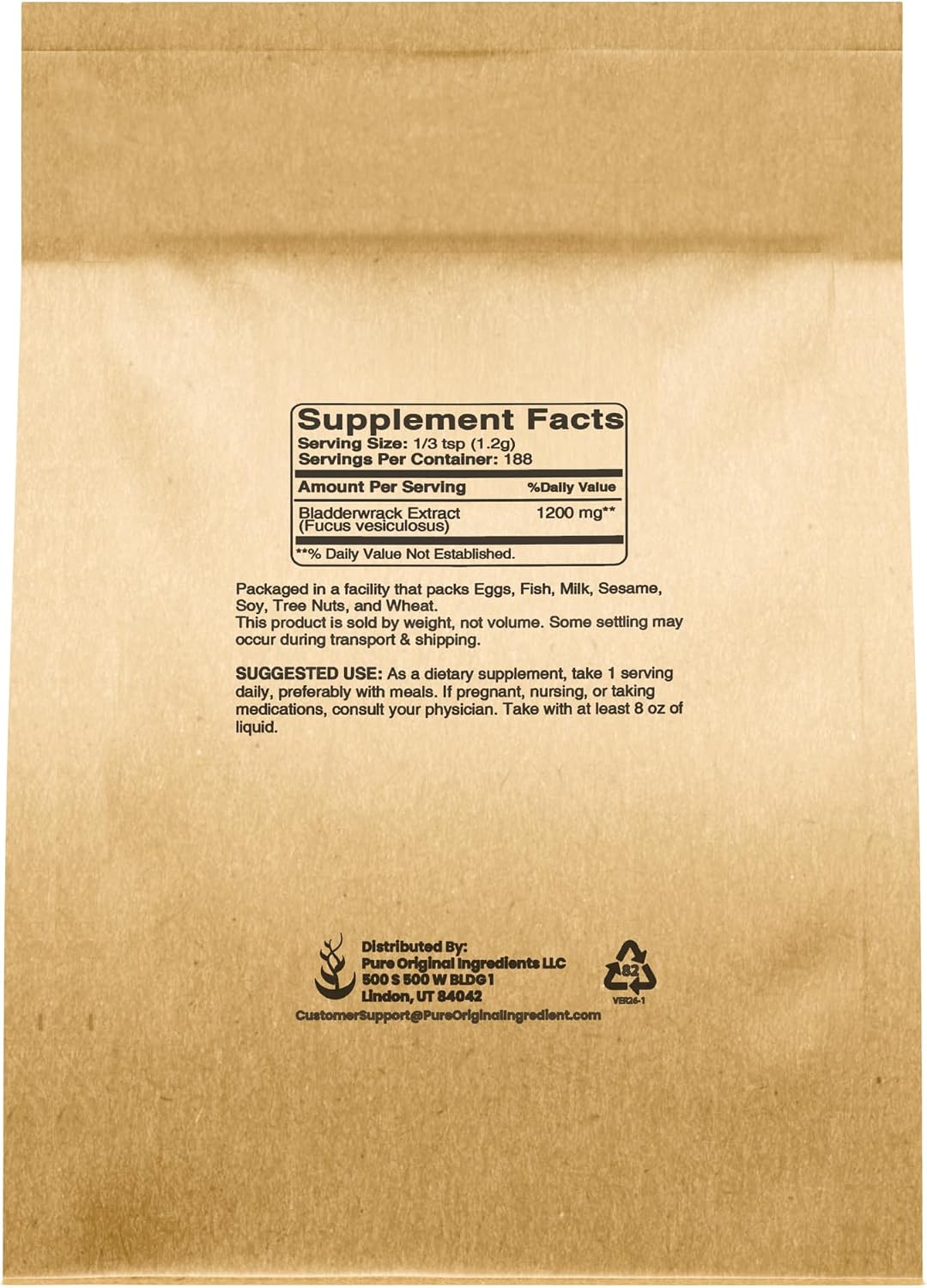 PURE ORIGINAL INGREDIENTS Bladderwrack en Polvo - Fucus Vesiculosus - Suplemento Herbal (227g)