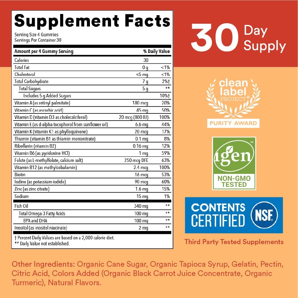 SmartyPants Kids Multivitamin Gummies - Omega 3, Vitaminas D3, C, B12, B6, A, K, Zinc y Biotina - 120 Gomitas (30 Días)