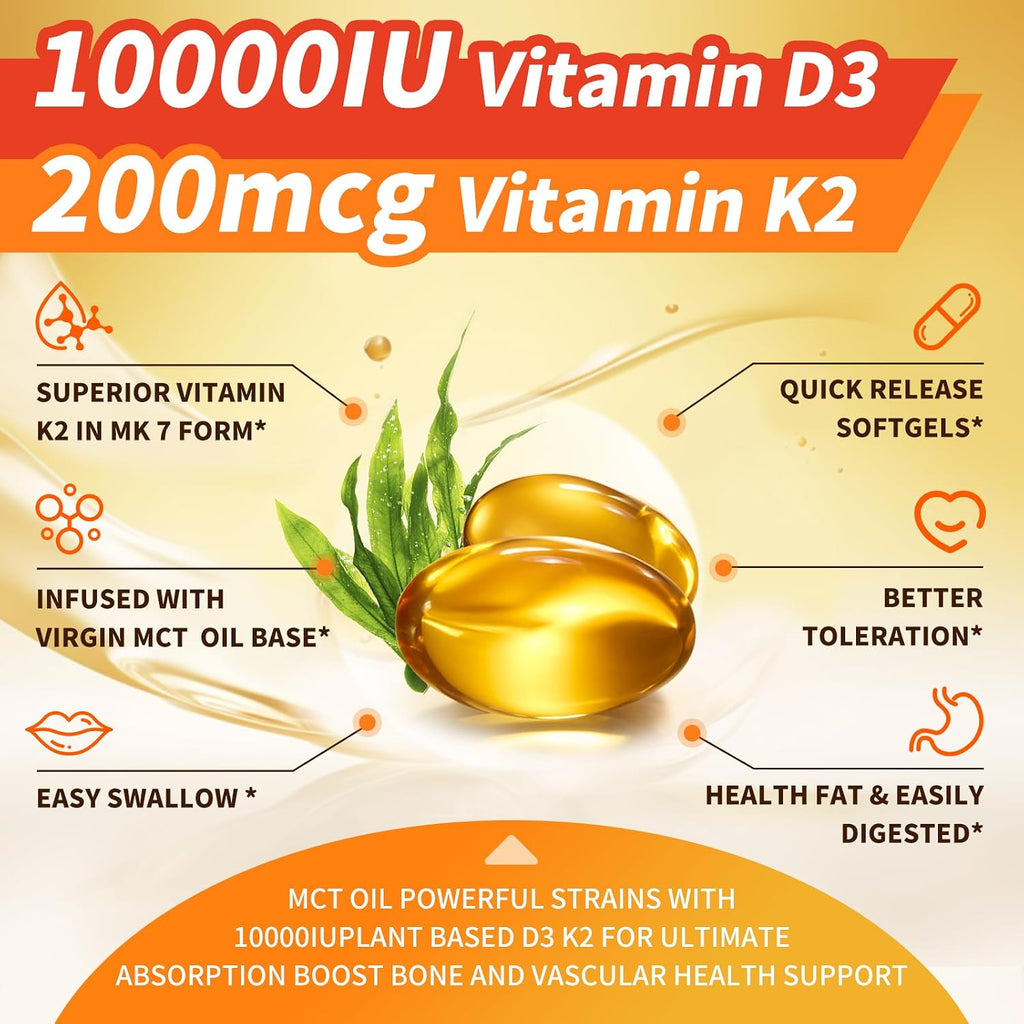 Vitamina D3 y K2 Vegana 10000 UI con MK-7 y Aceite MCT de Coco - 250 Cápsulas Blandas