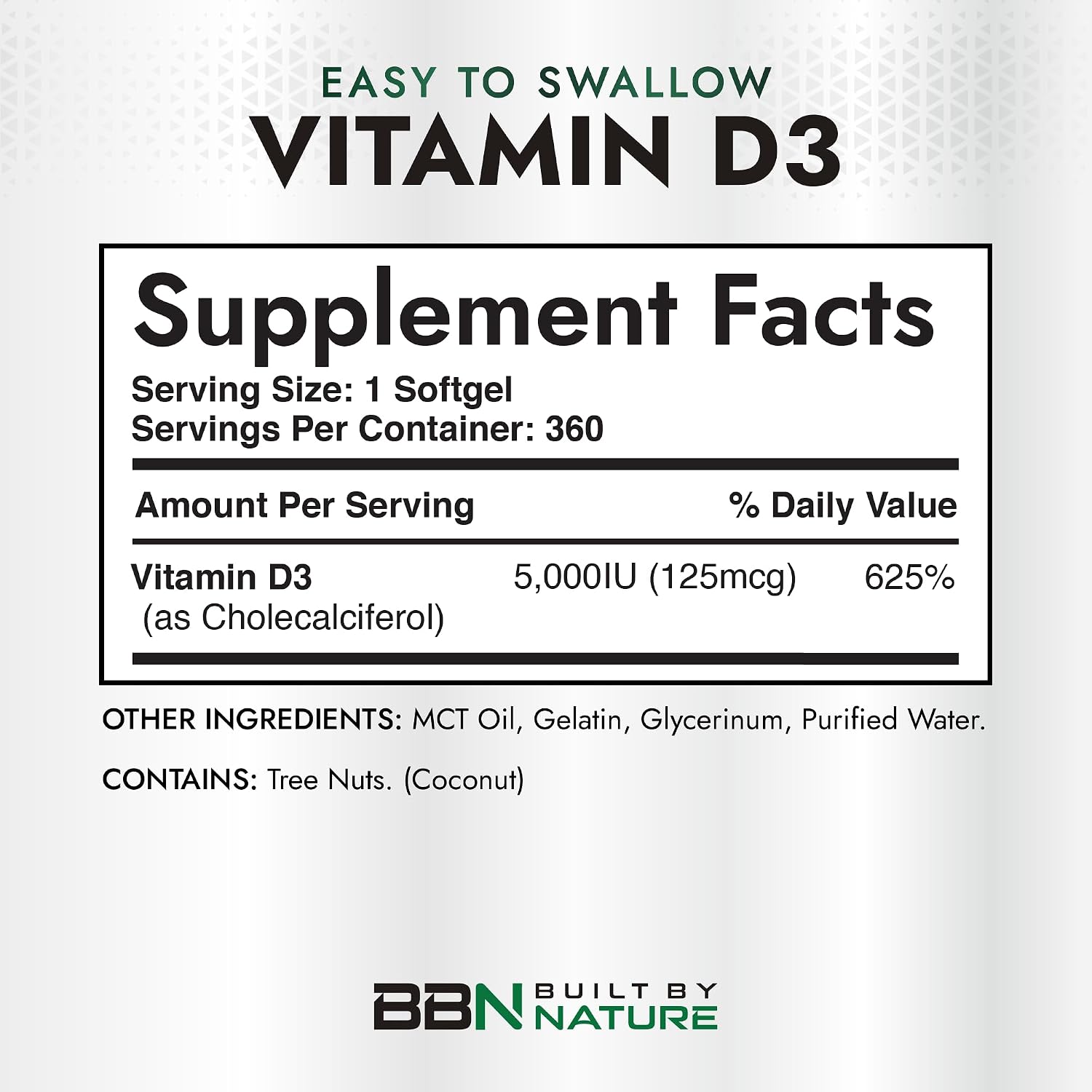 Built by Nature Vitamina D3 5000 UI, 360 Minicápsulas Blandas con Aceite MCT de Coco
