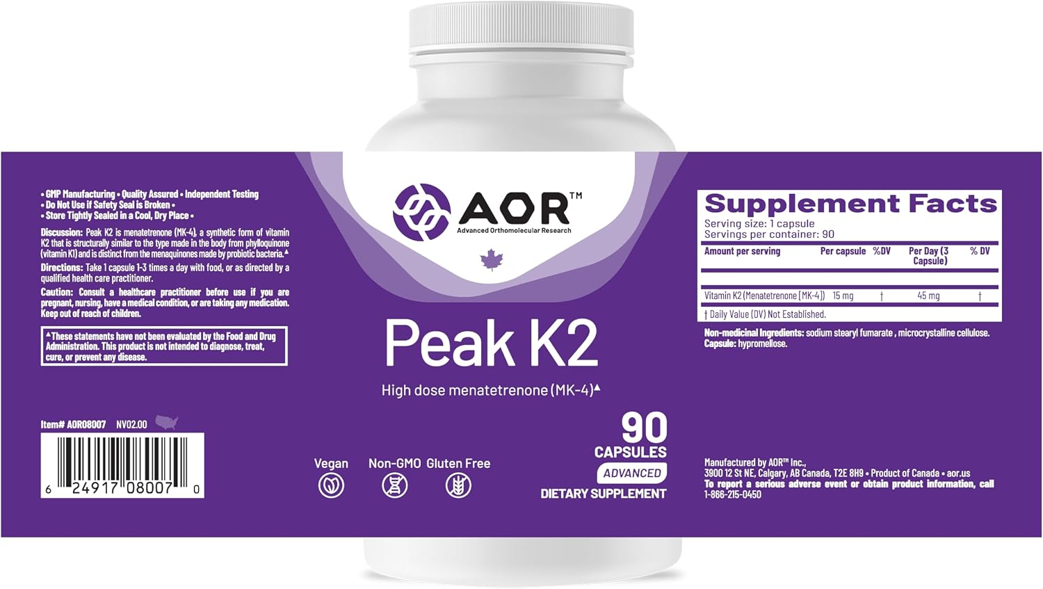 AOR Peak K2 – Vitamina K2 MK-4, 90 Cápsulas Veganas