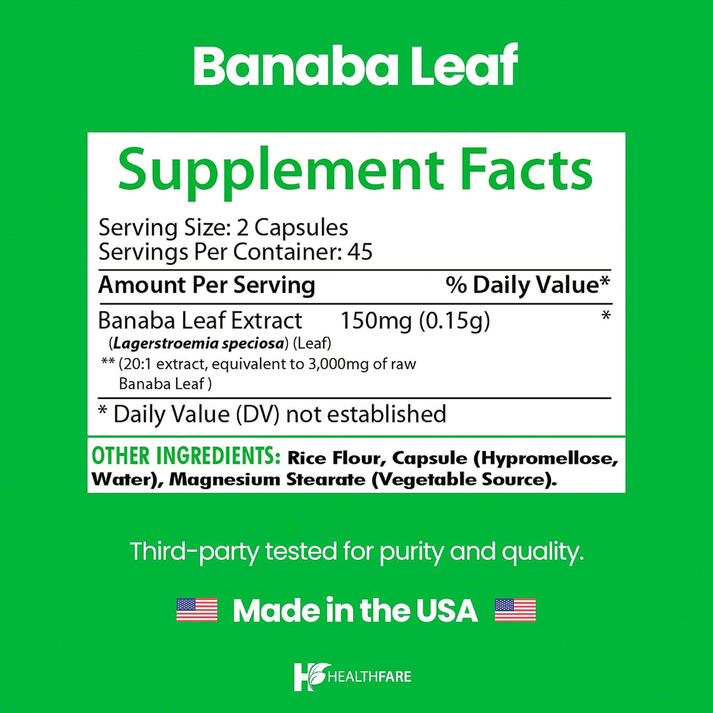 Healthfare - Extracto de Hoja de Banaba 3000mg - 90 Cápsulas Veganas - Estandarizado con Ácido Corsólico