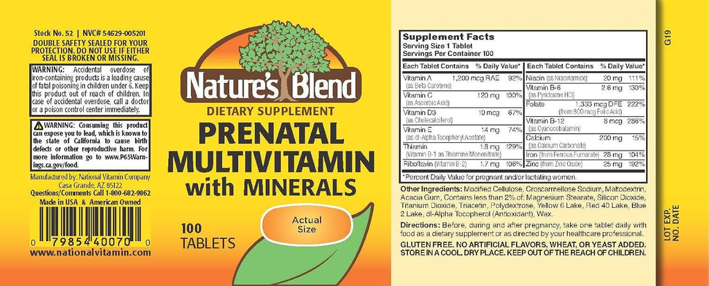 Nature's Blend Prenatal Formula Multivitamin - 100 tabletas