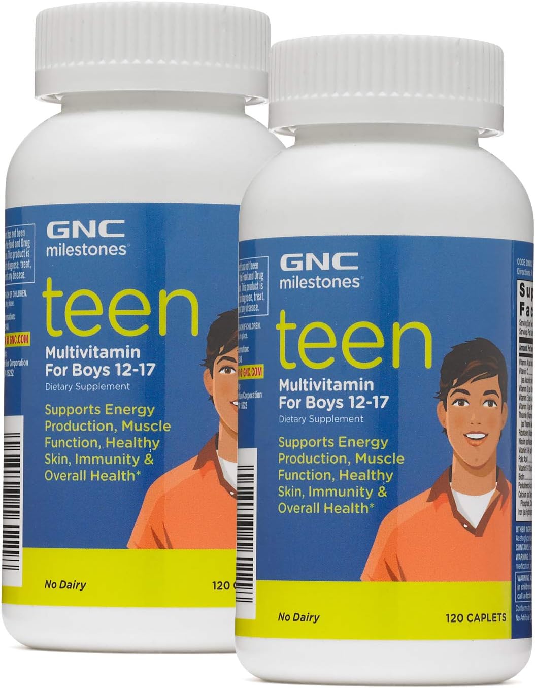 GNC Milestones Multivitamínico para Adolescentes Chicos 12-17, Pack Doble, 120 Comprimidos por Frasco