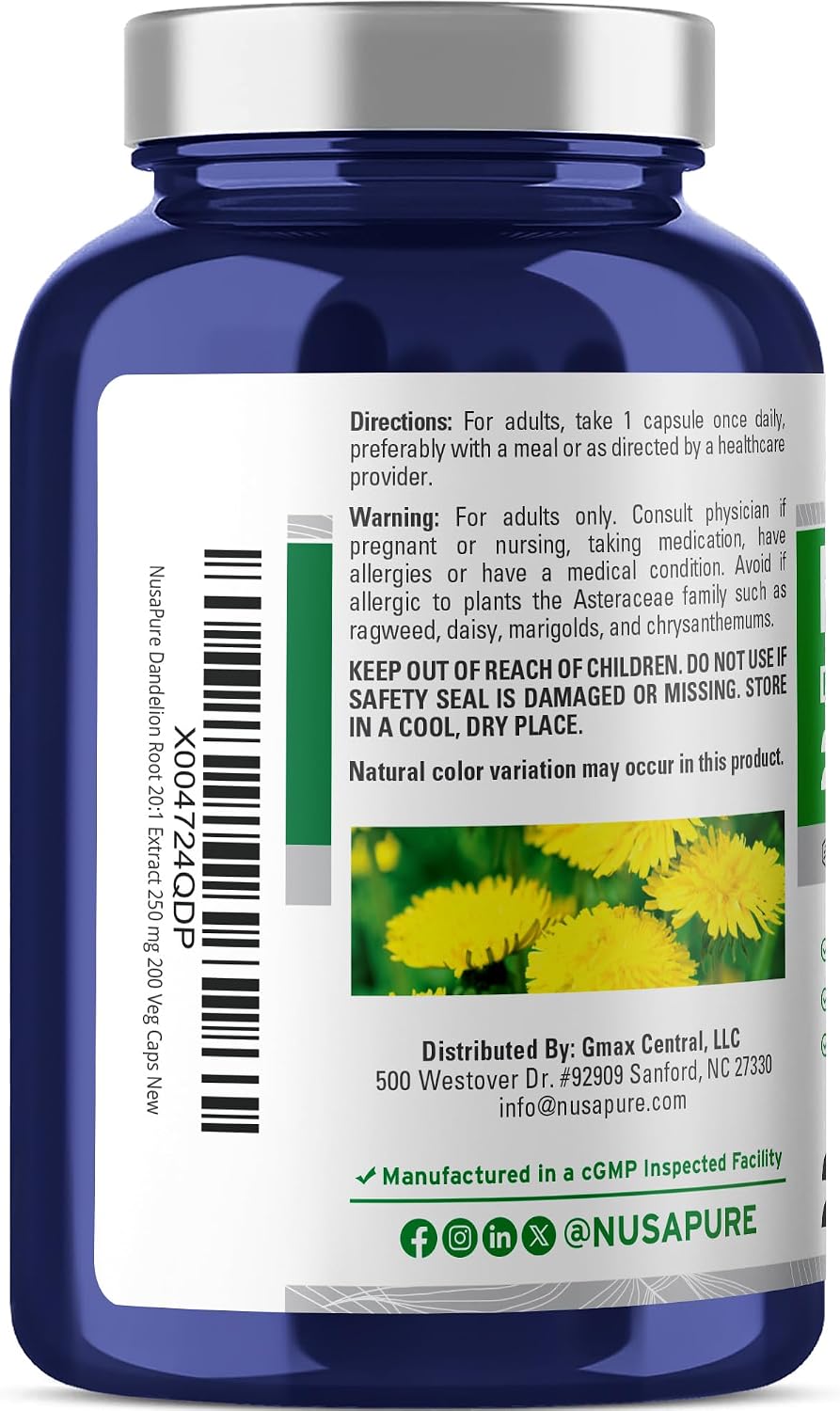 NusaPure Raíz de Diente de León, 250 mg, 200 Cápsulas Veganas (No-GMO, Vegano)