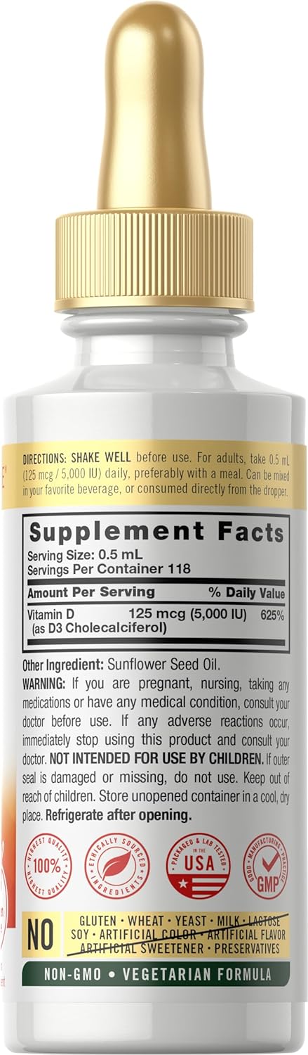 Carlyle Vitamina D3 Líquida en Gotas | 5000 IU (125 mcg) | 2 oz | Complemento Alimenticio para Adultos | Vegetariano, No GMO, Sin Gluten