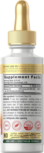 Carlyle Vitamina D3 Líquida en Gotas | 5000 IU (125 mcg) | 2 oz | Complemento Alimenticio para Adultos | Vegetariano, No GMO, Sin Gluten