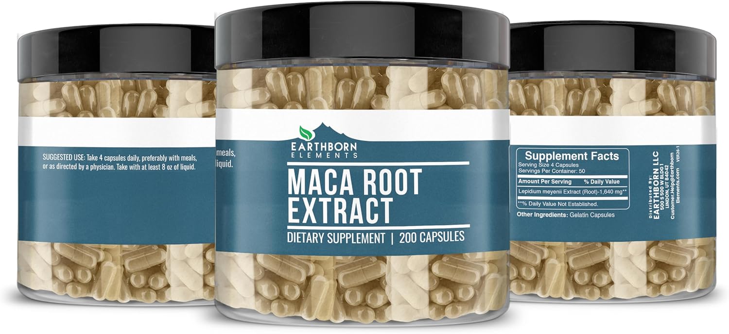Earthborn Elements Maca Root Extract 200 Cápsulas, Puro y Sin Aditivos