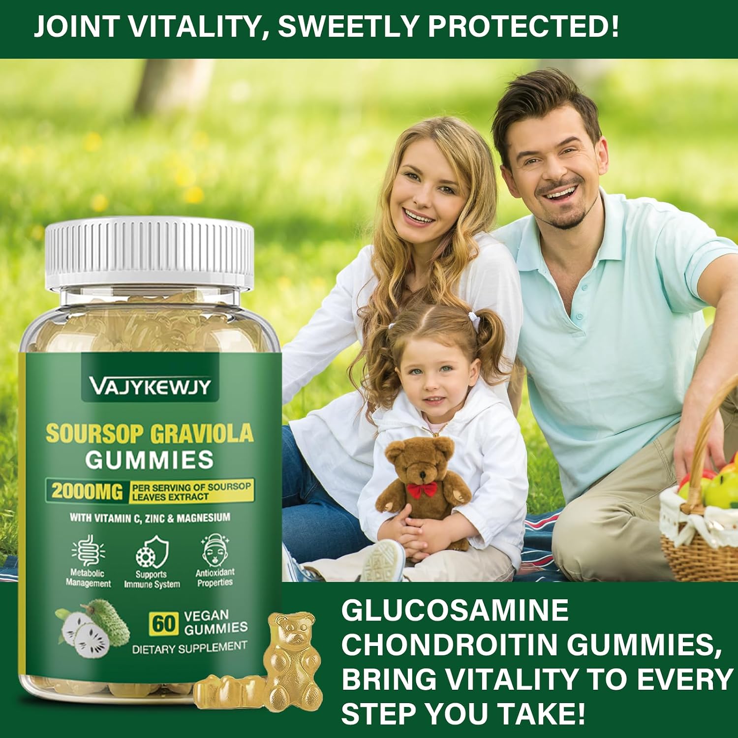 Gominolas de Graviola Soursop - 2000mg Extracto de Hojas, Vitamina C, Zinc - 60 Gominolas Veganas