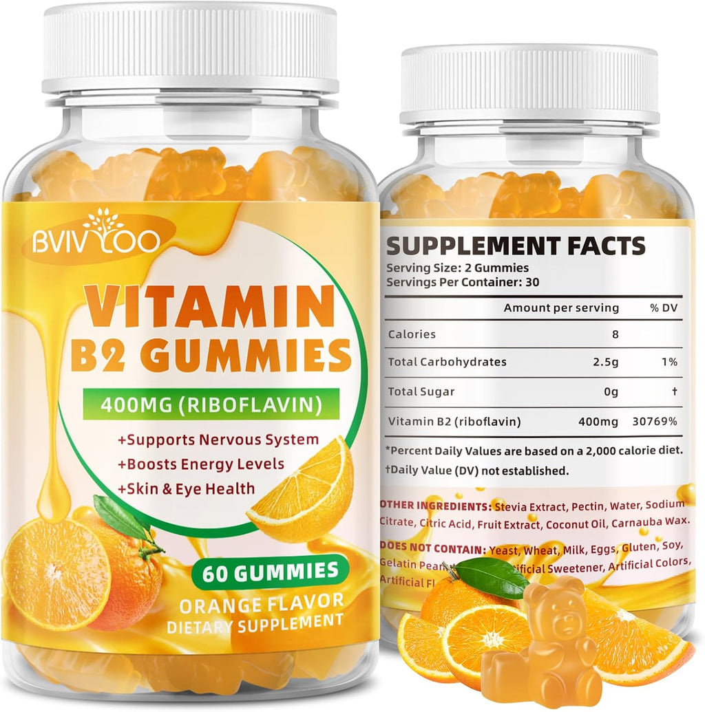 Gominolas de Vitamina B2 (Riboflavina) 400 mg - Vegano, Sin Azúcar, Sabor Naranja, 60 Gominolas