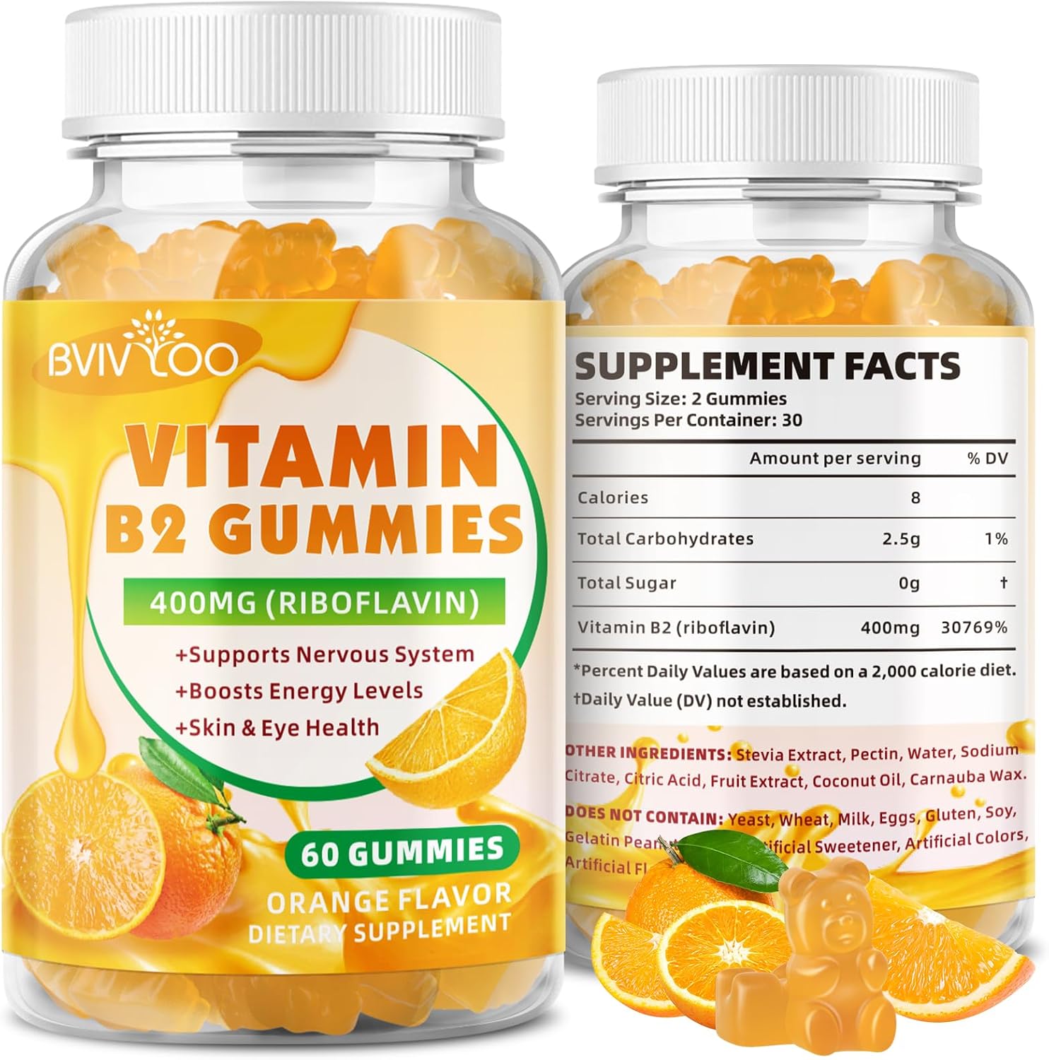 Gominolas de Vitamina B2 (Riboflavina) 400 mg - Vegano, Sin Azúcar, Sabor Naranja, 60 Gominolas
