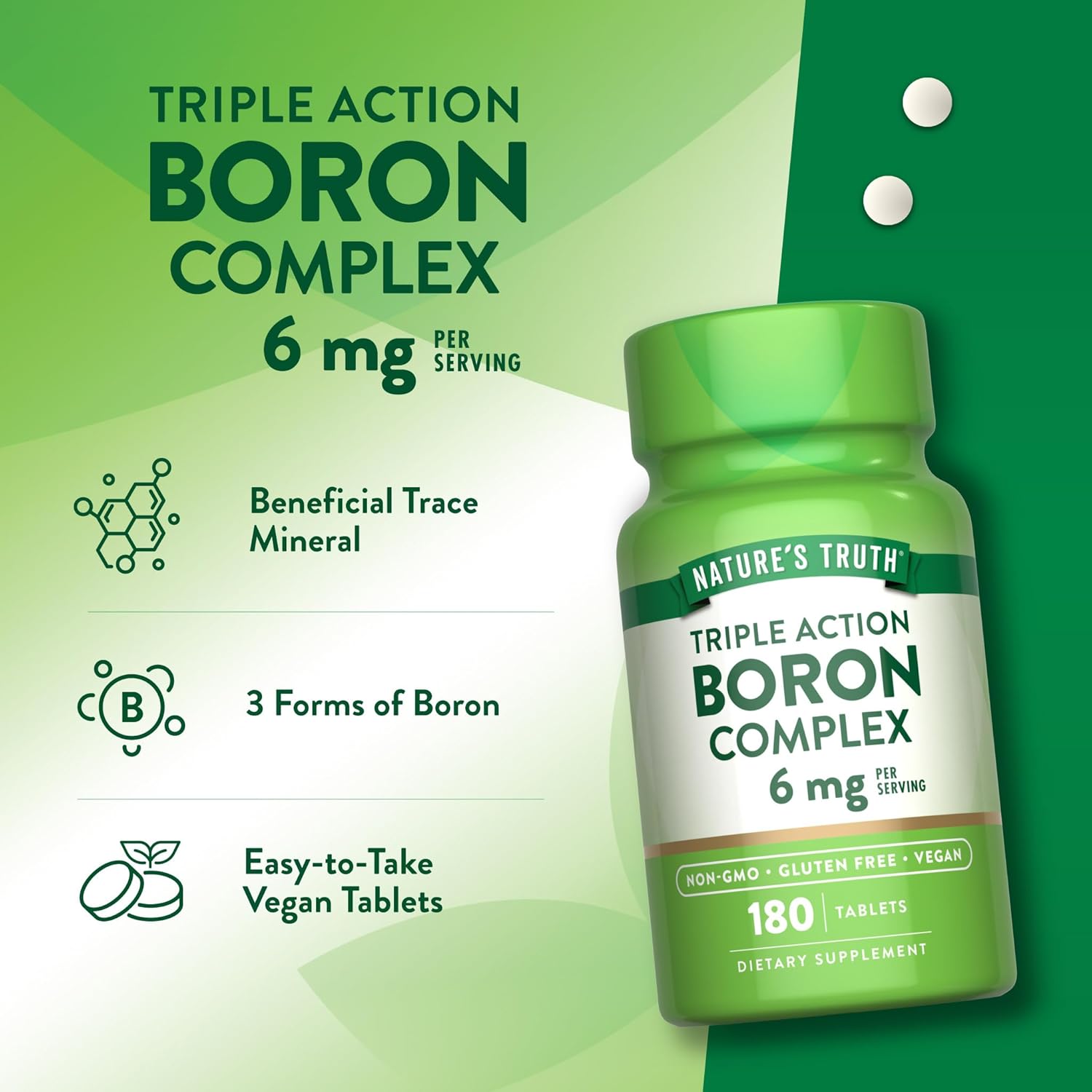 Nature's Truth Complejo de Boro Triple Acción, 6 mg, 180 Comprimidos Veganos