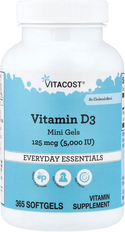 Vitacost Vitamina D3 Mini Gels, 125 mcg – Absorción de calcio y fósforo: La vitamina D favorece la absorción y – Image 1