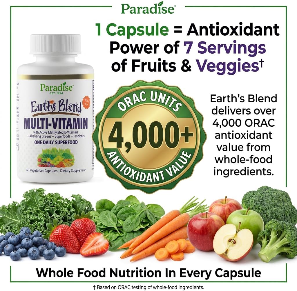 Paradise Herbs Earth's Blend Multivitamínico Diario con Hierro, 48 Superalimentos, Probióticos, Antioxidantes, Vitaminas A, B12, C, D, K2, 60 Cápsulas