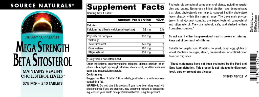 Source Naturals Mega Strength Beta-Sitosterol, 375mg – 240 Comprimidos