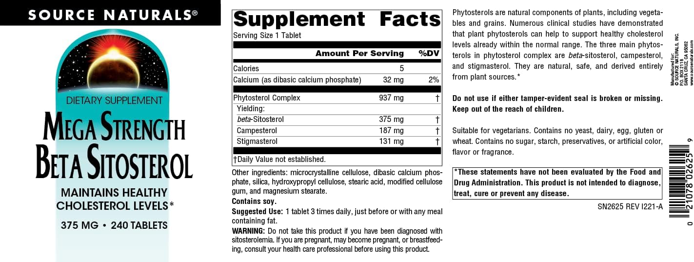 Source Naturals Mega Strength Beta-Sitosterol, 375mg – 240 Comprimidos