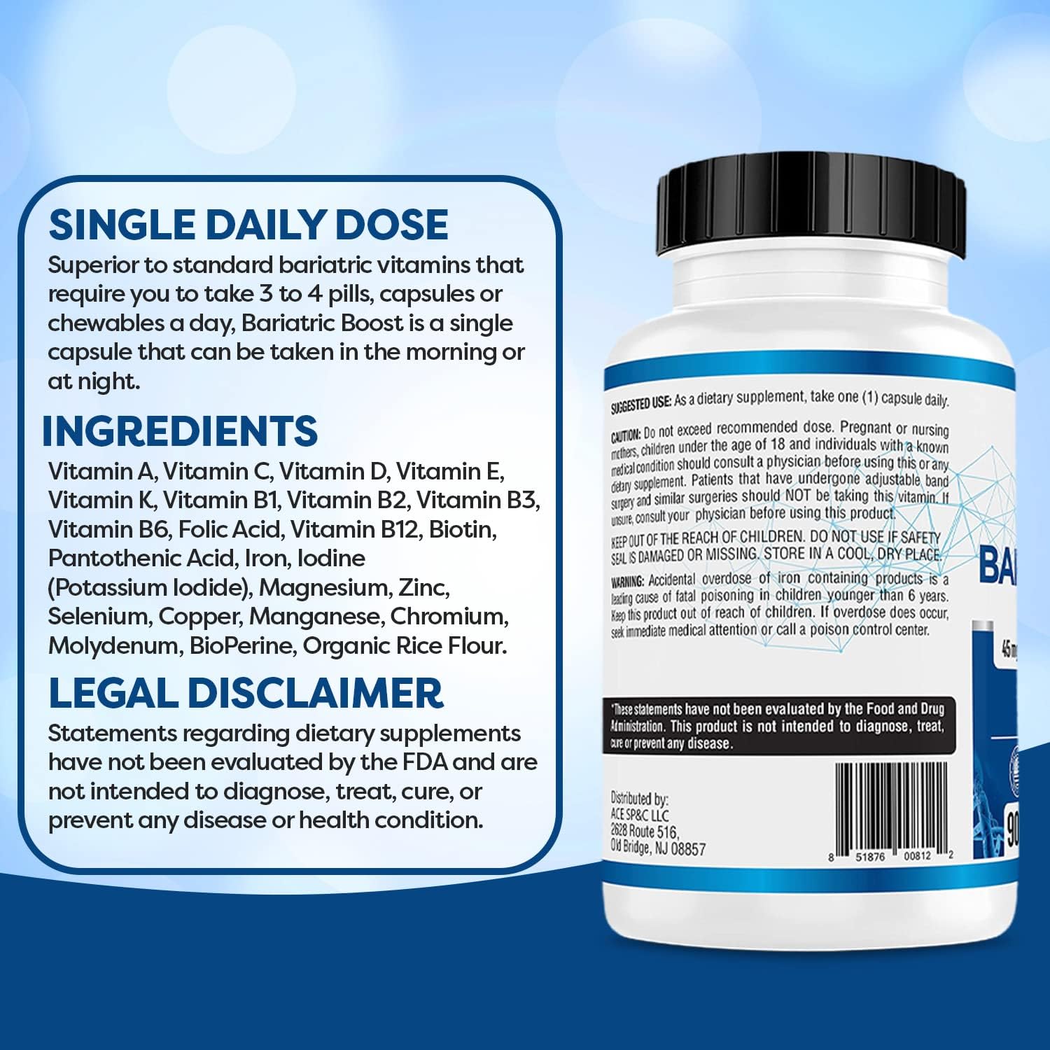 Bariatric Boost One-A-Day Multivitamínico Bariátrico con 45mg de Hierro - 90 Cápsulas
