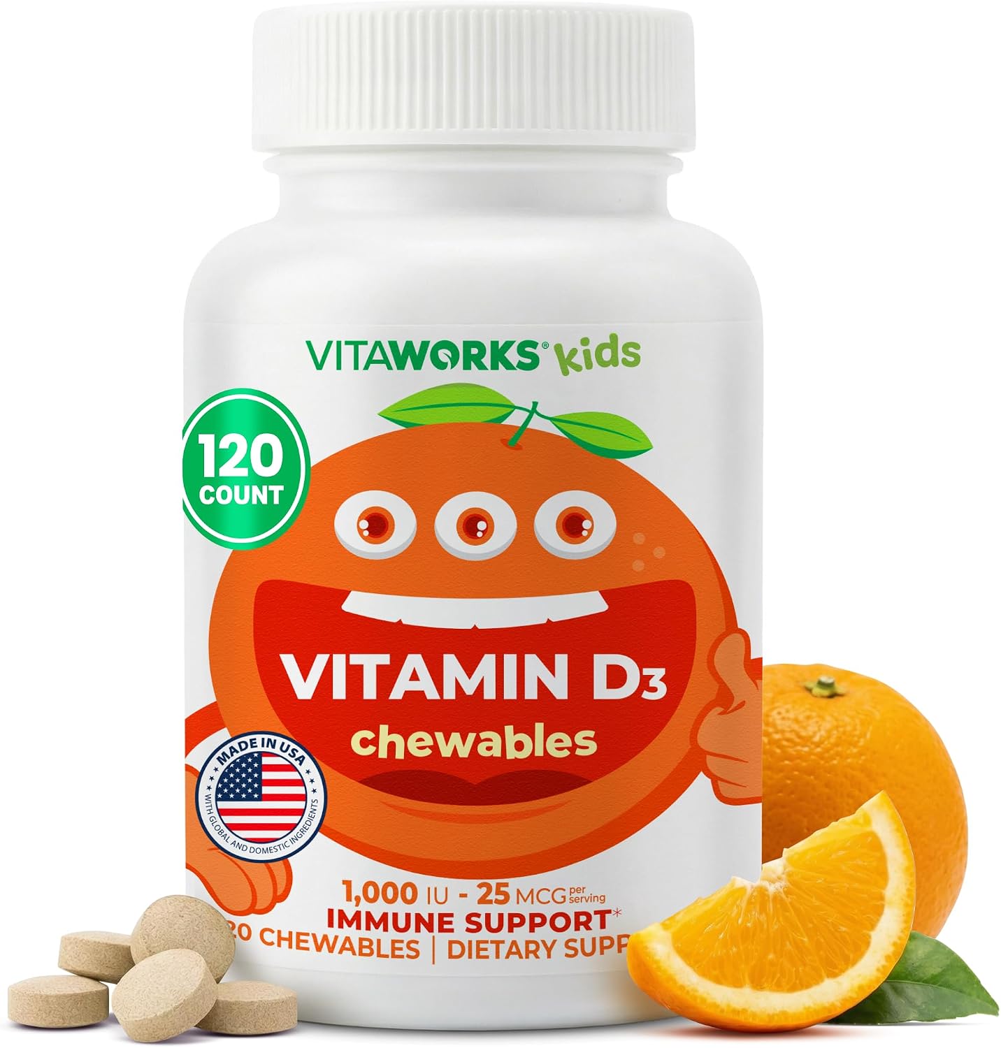 VitaWorks Vitamina D3 1000 IU Niños - Comprimidos Masticables Sabor Naranja Natural - Vegano, Sin Gluten, Sin OMG - 120 Unidades