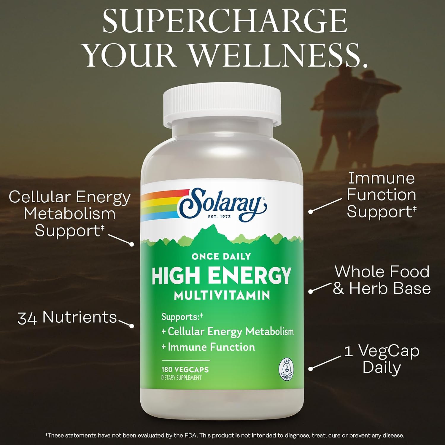 SOLARAY Once Daily Multivitamínico de Alta Energía para Mujeres y Hombres - con Vitamina C, D y Base de Hierbas y Alimentos Integrales - 180 Cápsulas