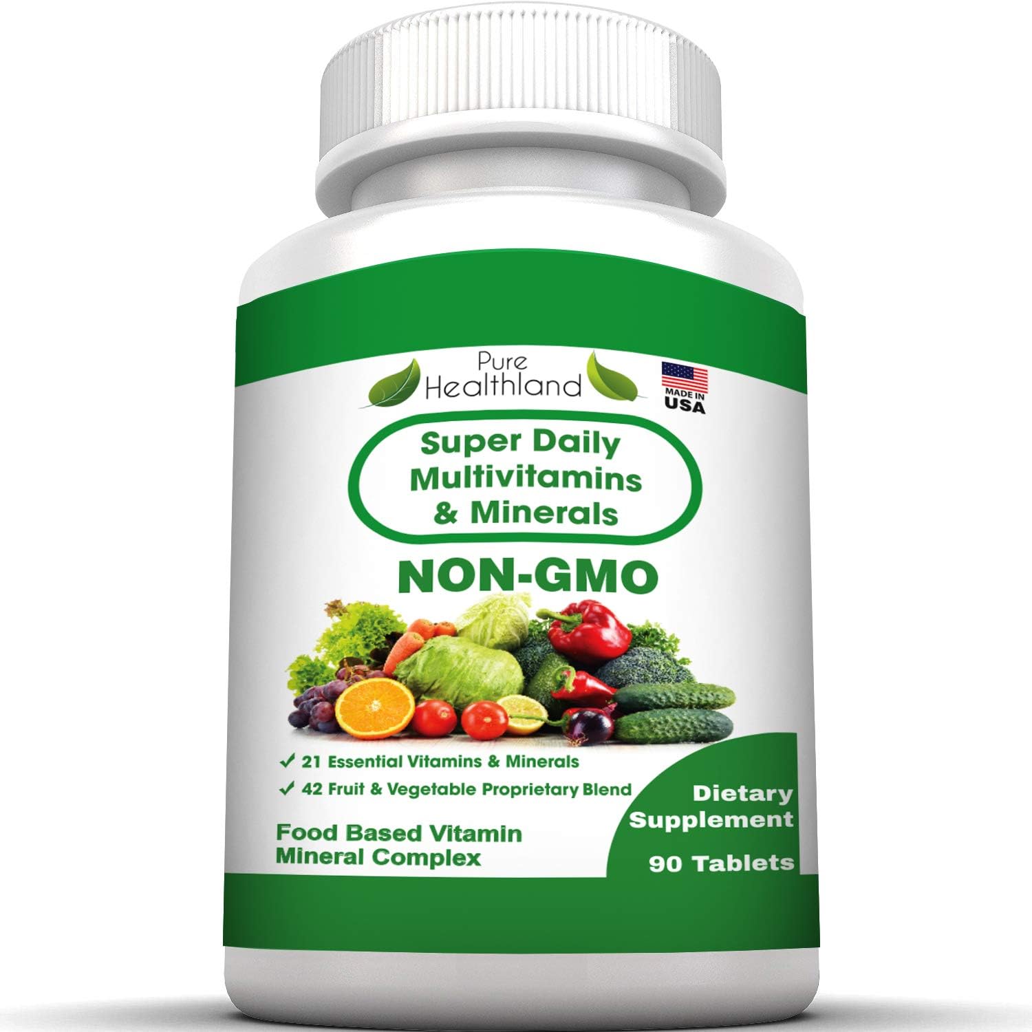 Pure Healthland Super Daily Multivitamin for Adults - 42 Fruits and Vegetables + 21 Vitamins and Minerals - Vegan Tablets, 90 Count
