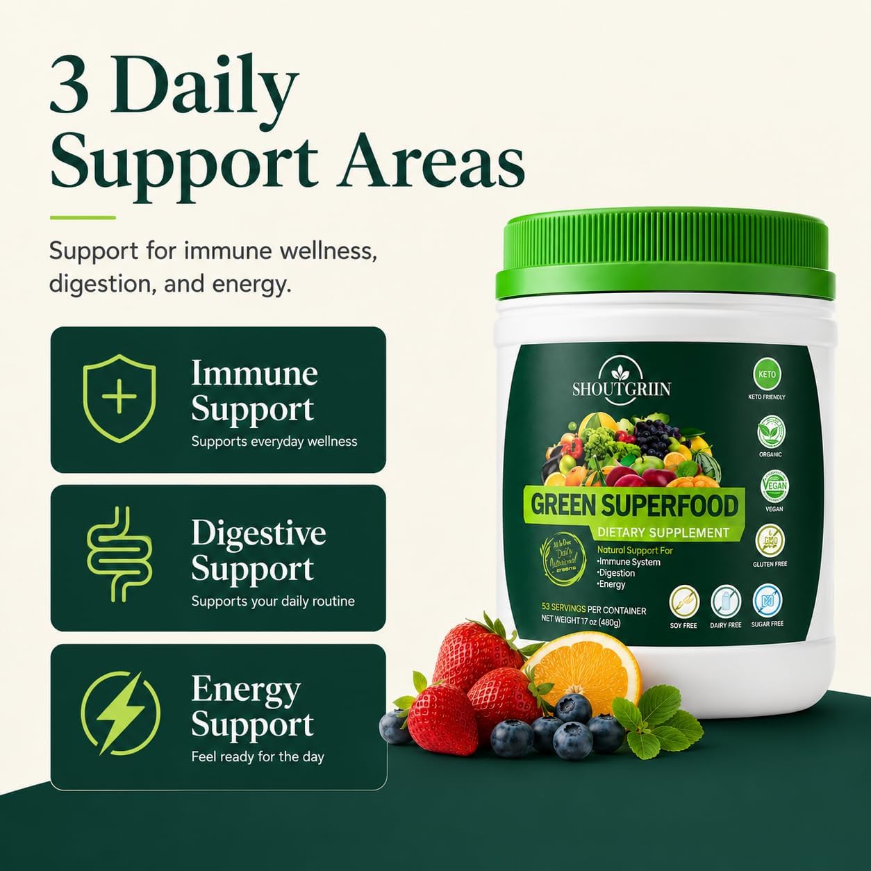SHOUTGRIIN Green Superfood Powder – Super Greens Orgánicos con Probióticos y Enzimas
