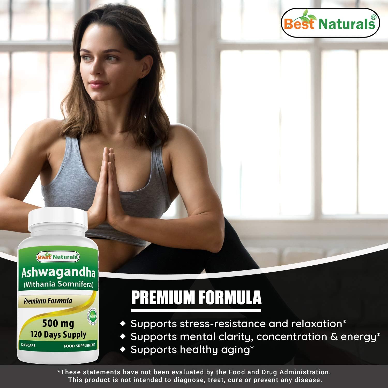Best Naturals Ashwagandha Cápsulas 500 mg para Relajación y Estrés, 120 Unidades