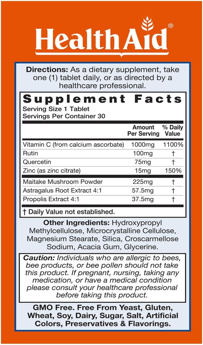 HealthAid ImmuProtect – Daily Immune Support with Vitamin C, Zinc, Quercetin and Propolis (30 Tablets)