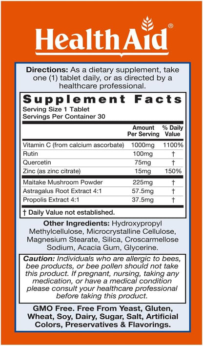HealthAid ImmuProtect – Apoyo Inmunológico Diario con Vitamina C, Zinc, Quercetina y Propóleo (30 Comprimidos) – Image 2