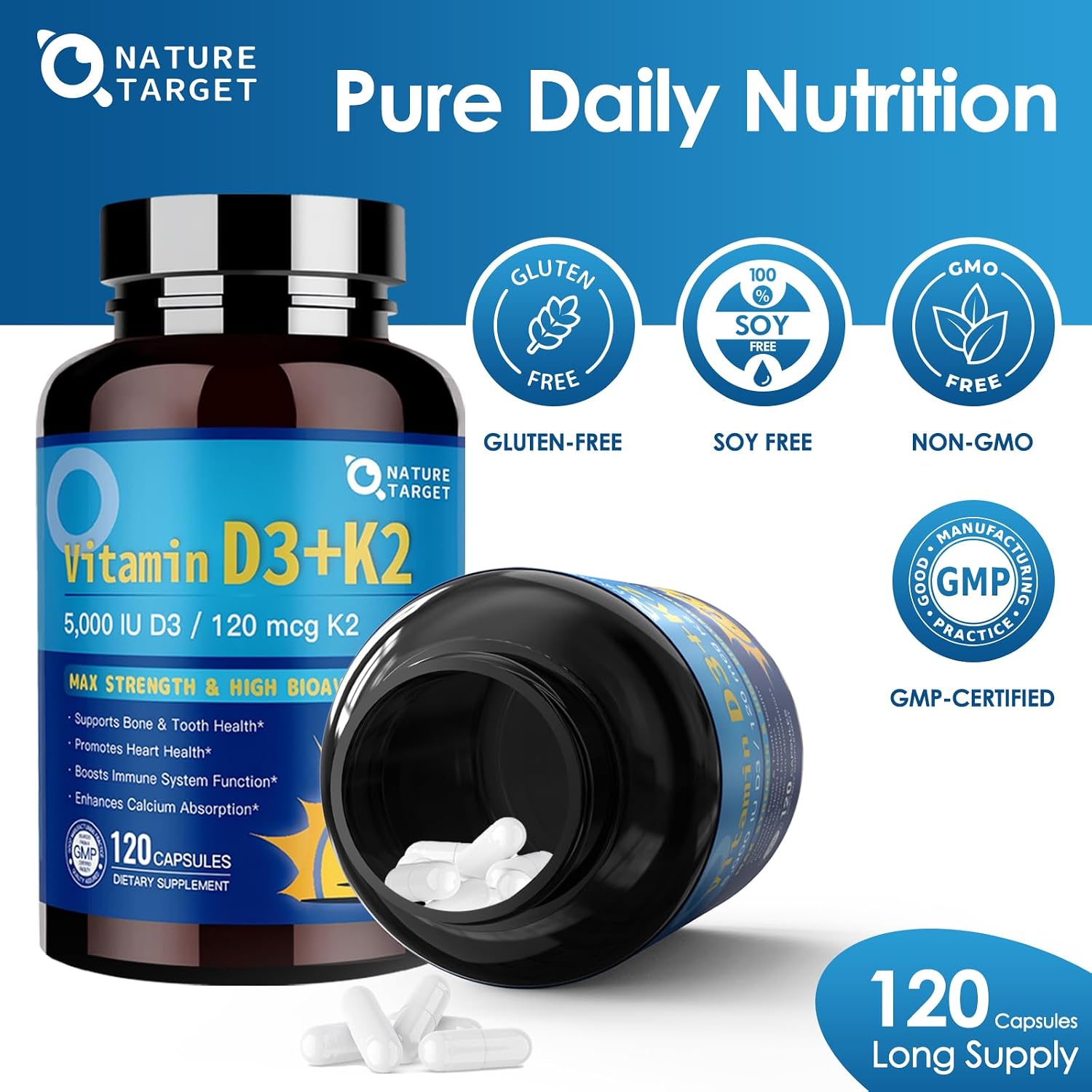 Complejo de Vitamina D3 K2 con Calcio y Magnesio - 6 en 1 - 5000 UI D3, 120 mcg K2 - 120 Cápsulas