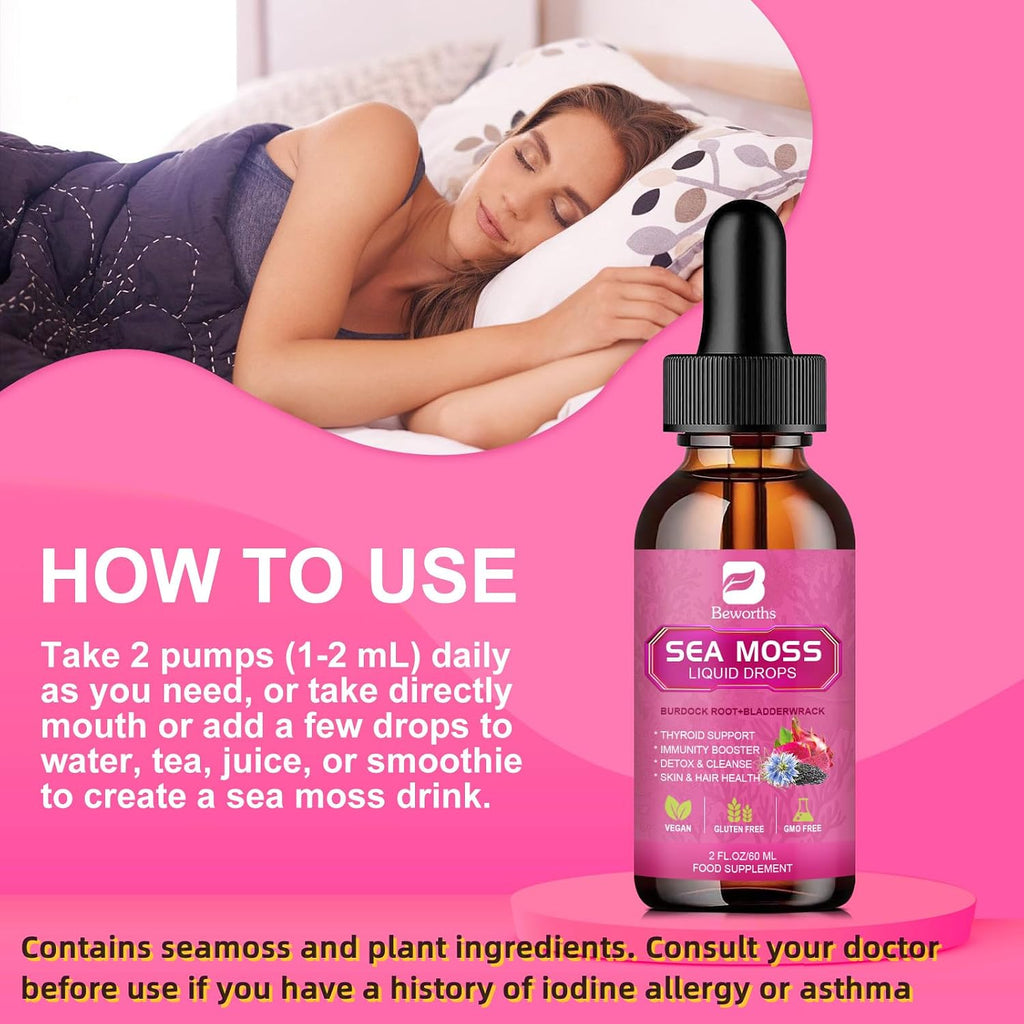 Sea Moss Liquid Drops - Aceite de Semilla Negra y Musgo Irlandés con Bardana, Vejiga de Mar, Saúco, Espirulina - 118 ml - Vegano