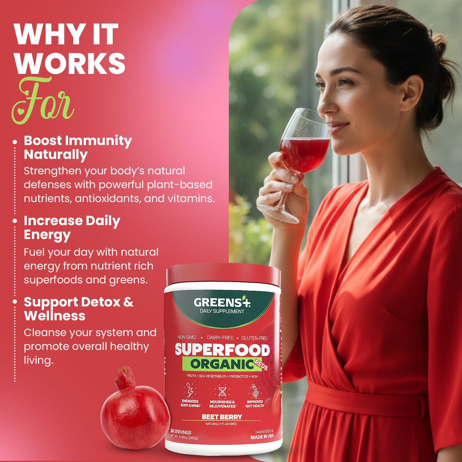 Greens+ Organic Reds Superfood Powder - Mezcla de Superalimentos Rojos Ecológicos, Antioxidantes, Vegano, Sin Gluten (240g)