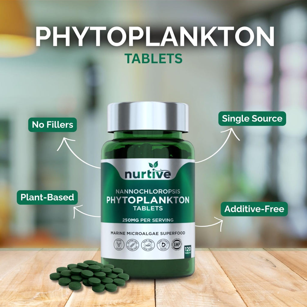 NURTIVE Nannochloropsis Phytoplankton Tabletas – 250mg por Tableta – Vegano, Sin Gluten, No Transgénico, Sin Rellenos – 120 Tabletas