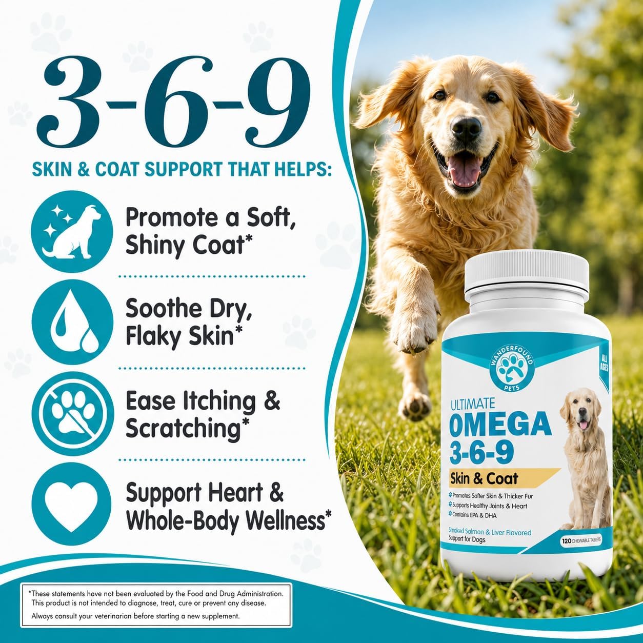 Wanderfound Pets - Omega 3 for Dogs, Smoked Salmon and Liver Flavored, 120 Chewable Tablets
