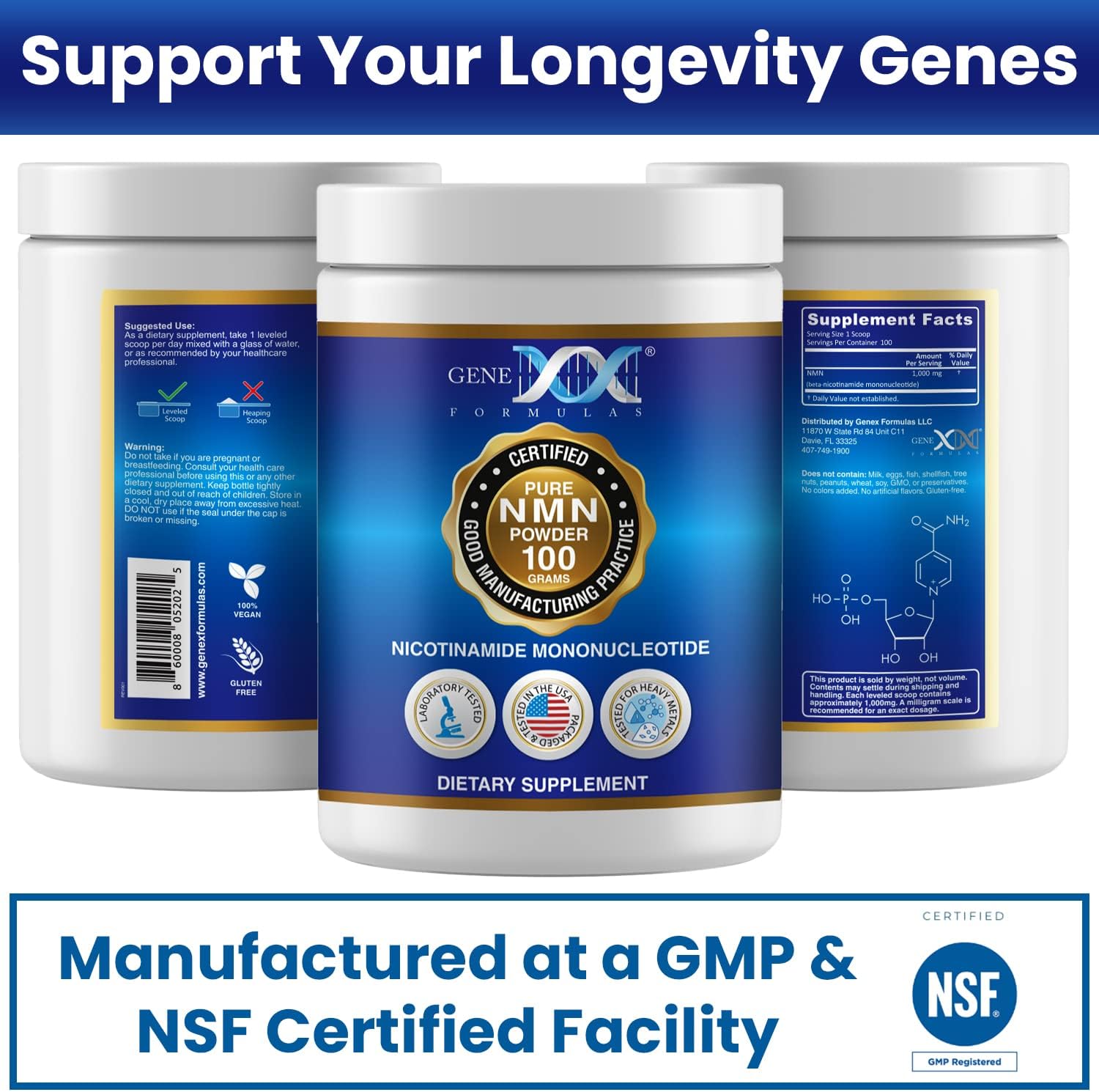 Genex Formulas - NMN Puro en Polvo 100g - Disolución Instantánea