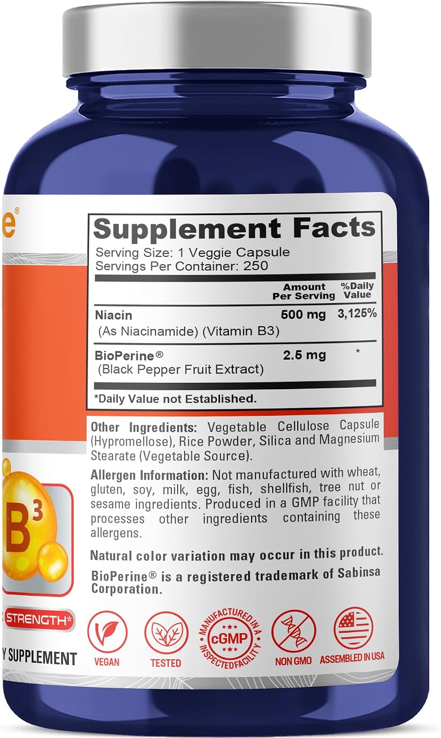 NusaPure Niacina Sin Enrojecimiento (Flush-Free) - 500 mg, 250 Cápsulas Veganas