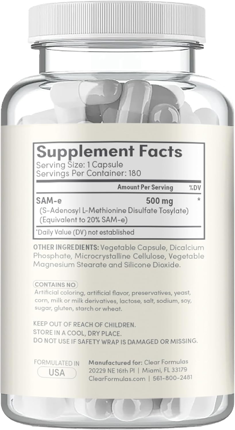 Clear Formulas Bioactive SAM-e 500mg - Suplemento de SAM-e con Forma Activa S,S - Apoyo Hepático y de Estado de Ánimo - Vegano, Sin OGM - 180 Cápsulas