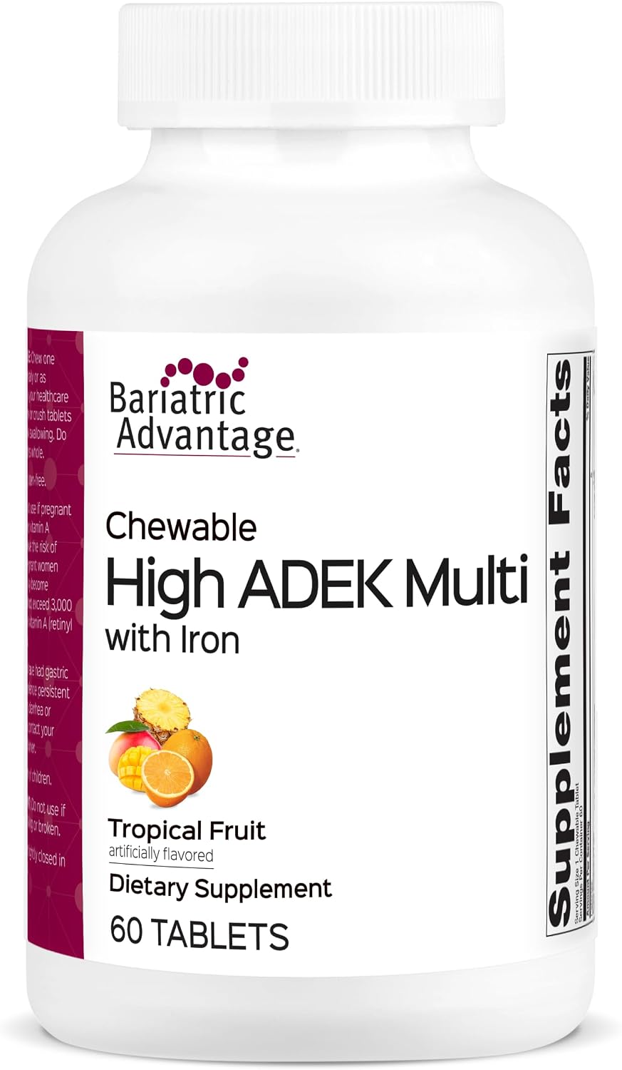 Bariatric Advantage High ADEK Masticable con Hierro - Multivitamínico para Pacientes Bariátricos - Vitaminas A, D, E y K - Incluye Vitaminas B - Sabor Tropical - 60 Comprimidos Masticables