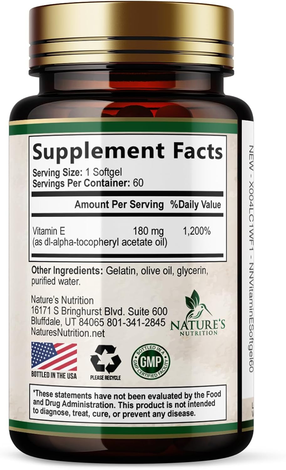 Vitamina E 180mg por Dosis - DL-Alfa Tocoferol - 60 Softgels