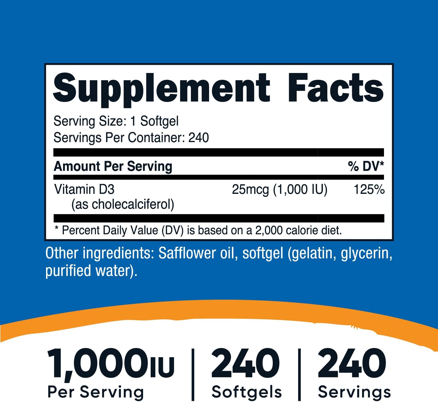 Nutricost Vitamina D3 1000 UI - 240 Cápsulas Blandas