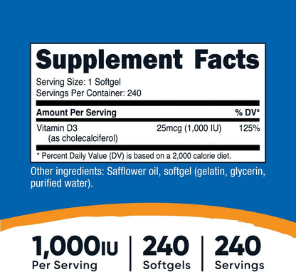 Nutricost Vitamina D3 1000 UI - 240 Cápsulas – Mujeres embarazadas o lactantes: consultar con el médico – Image 2