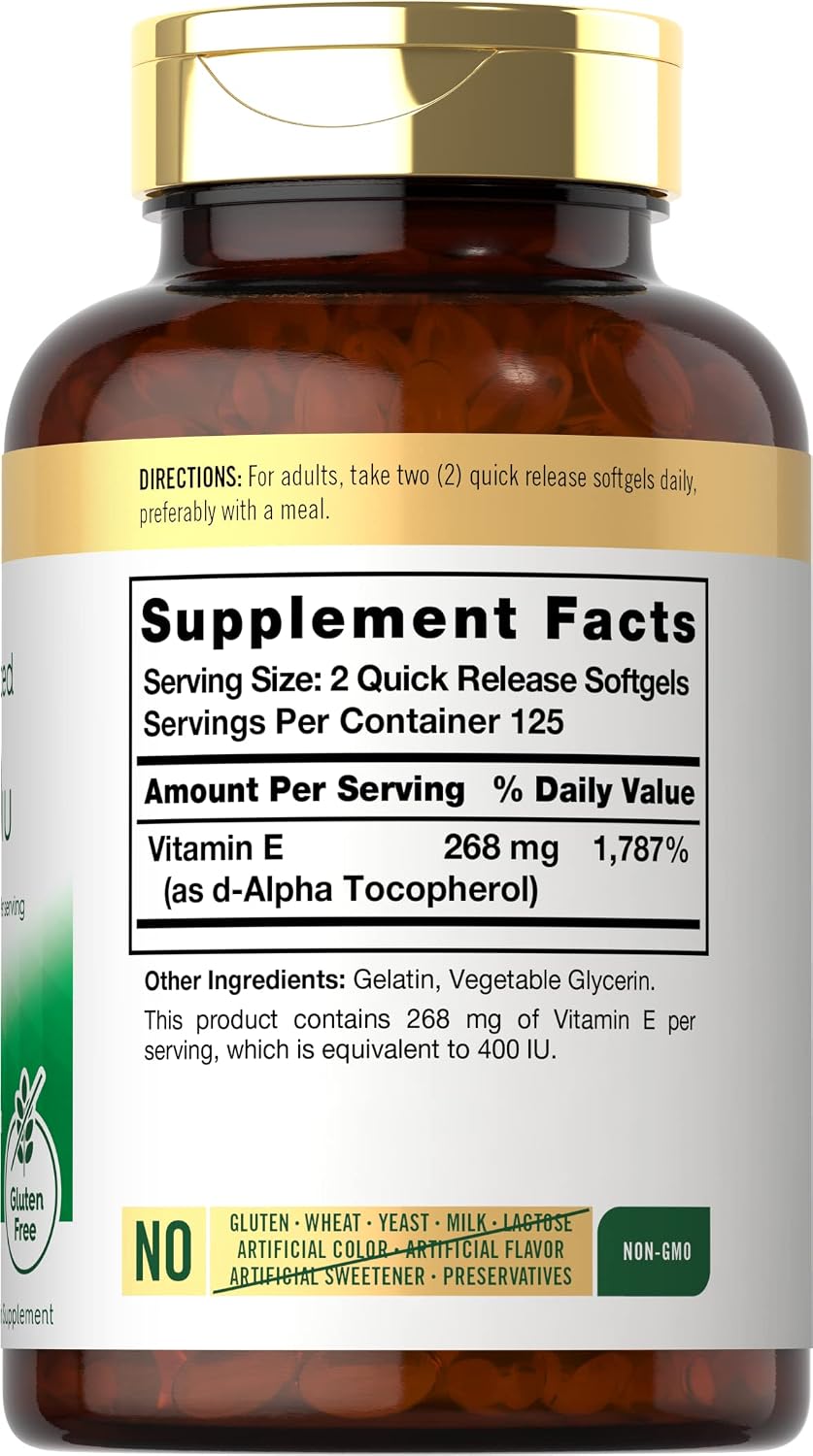 Carlyle Vitamina E 400 UI, 250 Cápsulas Blandas – Suplemento Natural